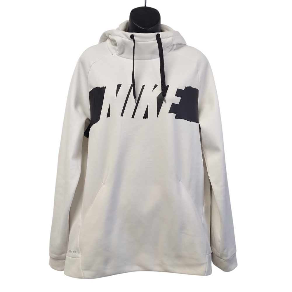 Nike Dri Fit Men's Pullover Hoodie White Black Fleece Lined Size Medium